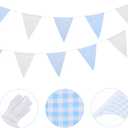 MECCANIXITY 33ft Blue White Plaid Checkered Pennant Banner, 36 PCS Triangle Flags Fabric Bunting Banner for Birthday Wedding Outdoor Garden Decor