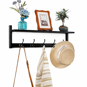 Exper City Coat Rack Wall Mount with Shelf, 26IN Wooden Coat Hanger Hooks Wall Mount with 5 Metal Hooks, Hanging Shelf with Hooks, Black