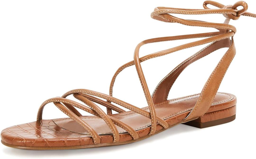 Ermonn Women's Lace-up Flat Sandals Strappy Open Toe Slingback CrissCross Casual Summer Slides (9, Brown)