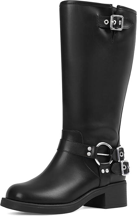 AMINUGAL Black Wide Calf Knee High Boots for Women Square Toe Pull On Chunky Buckle Moto Boots Rivet Vintage Y2K Motorcycle Horse Riding Biker Casual Fashion Festival Renaissance Combat Rave Size 9