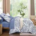 WONGS BEDDING Blue Floral Comforter Set King Size, 8 Pieces Flower Botanical Bed in a Bag Bedding Set, Soft Microfiber Comforter, Sheets, Pillowcases & Shams (90"x104")