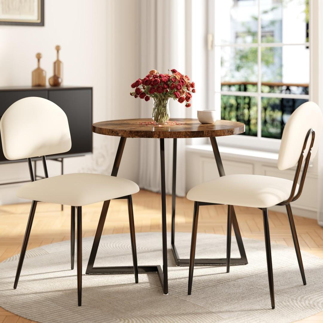 VECELO Dining Chairs Set of 4, Upholstered Kitchen Chairs with Extra Thick Cushion & Sturdy Metal Frame, Faux Leather Chairs for Vanity, Kitchen, Living Room, Beige