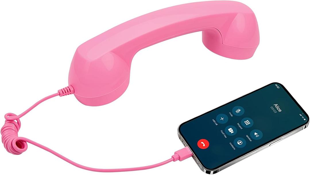 Retro Phone Handset for Type-C, Vintage Wired Plug in Handheld Cell Phone, Plug and Play for Call, with Volume Control & Mic, Noise Reduction, Landline Handle Receiver with Microphone (Pink)
