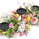 22" Easter Centerpieces for Tables and Fireplaces with 3 Candle Trays, Artificial Easter Egg Candle Holder Decorations with Colorful Spring Flowers & Branches & Green Leaves