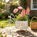 Vintage Bicycle Planter - Rustic Distressed White Metal Wheelbarrow Flower Pot with Embossed Floral Design, Decorative Indoor Outdoor Bicycle Plant Stand for Succulents Herbs Small Plants (White)