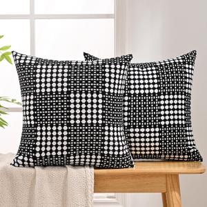 6 x JELLYMONI Pack of 2 Decorative Plaid Linen Throw Pillow Covers Farmhouse Christmas Pillowcovers Rustic Woven Textured Boho Pillowcase for Sofa Couch Bed (Black, 16x16in)