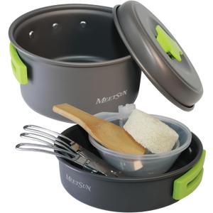 MEETSUN Lightweight Backpacking Cookware Set, Aluminum Camp Cooking Set with 1L Pot,Camping Mess Kit for 1 with Folding Tableware Perfect for Backpacking Stove Kit,Outdoor,Hiking,Survival,Emergency. (Green)