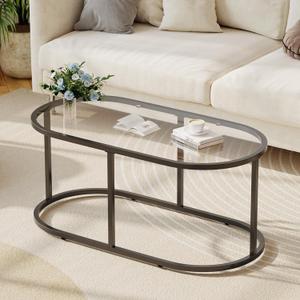 Coffee Table Black Glass Coffee Tables for Living Room, Oval Table Center Table with Sturdy Metal Frame,Modern Tempered Glass Accent Tables for Bedroom Home Office (1-Tier)