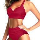 Tempt Me Women Two Piece Swimsuit High Waisted Bikini Halter Vintage Retro Bathing Suit Push up Swimwear (Red, L)
