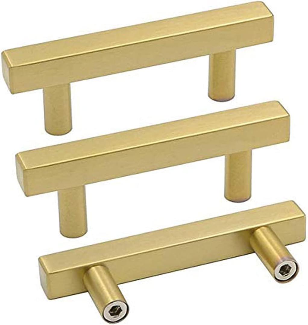 goldenwarm Brushed Brass Cabinet Pulls Gold Kitchen Cabinet Hardware - LS1212GD64 Euro Style Bar Handle Pull Gold Cupboard Door Handle 2-1/2" (64mm) Hole Centers,4" Overall Length 10 Pack