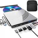 BPAKDU External CD/DVD Drive for Laptop with Carrying Case,DVD Player for Laptop,Portable CD Burner with 4 USB Ports, 2 TF/SD Card Slots,CD Disk Drive Player Reader Write, Silver