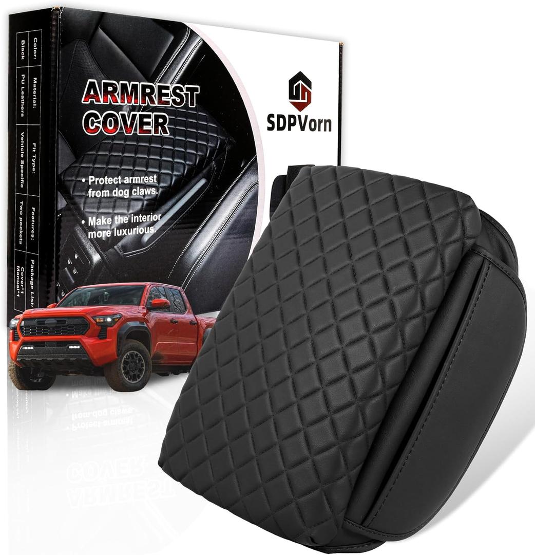 Armrest Cover for Toyota Tacoma Center Console Pad with Organizer Storage Pockets, Black Faux Leather Arm Rest Lid Protector Cushion Interior Accessories (2024-2025)