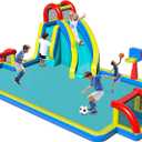 Inflatable Bounce House,Water Bounce House with Slide Double Soccer Goal,Big Splash Pool,Basketball Hoop,Climb Wall,Outdoor Bouncer with Air Blower for Kids 3-10, Long Slide with Football Net