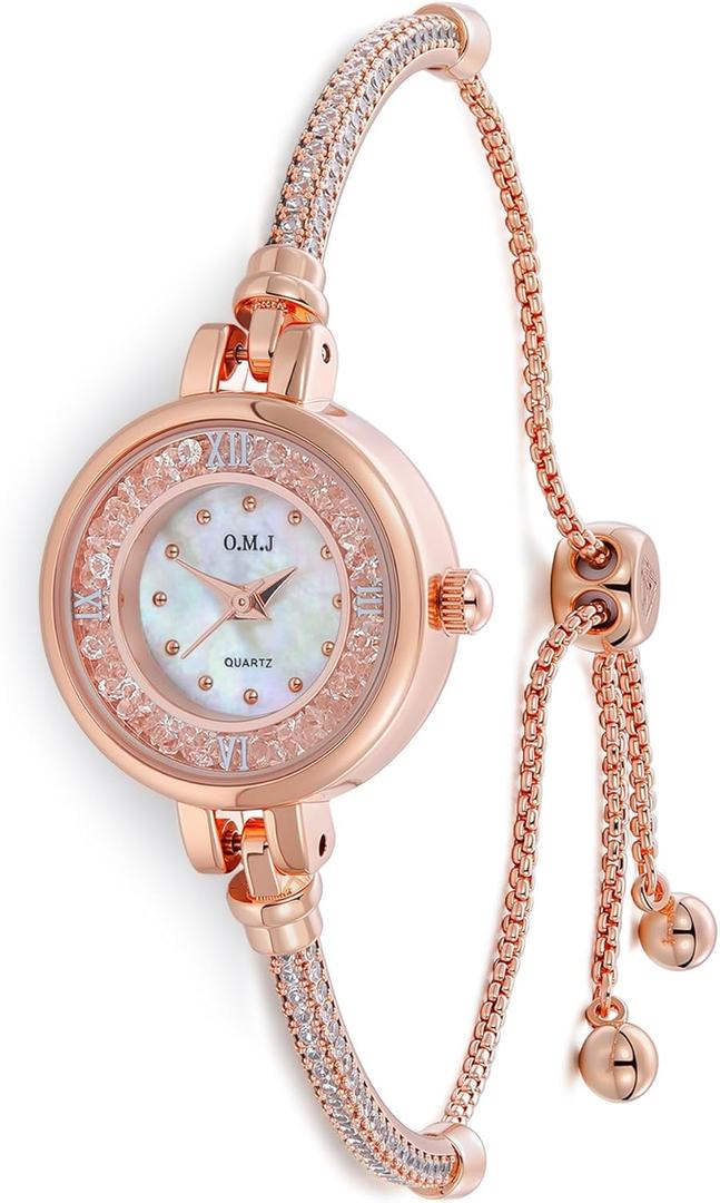 O.M.J Women Quartz Watch Bracelet Watches with Crystals Waterproof Analog Fashion Luxury Dress Wristwatch for Women Wife Birthday Christmas Gifts,Rose Gold