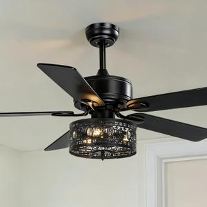 52-Inch Farmhouse Caged Ceiling Fan with Light and Remote, Modern Rustic Fandelier with Clear Crystal Accent Drum Shade, 5 Reversible Blades, Quiet DC Motor for Bedroom, Living Room, Matte Black, 20 inches