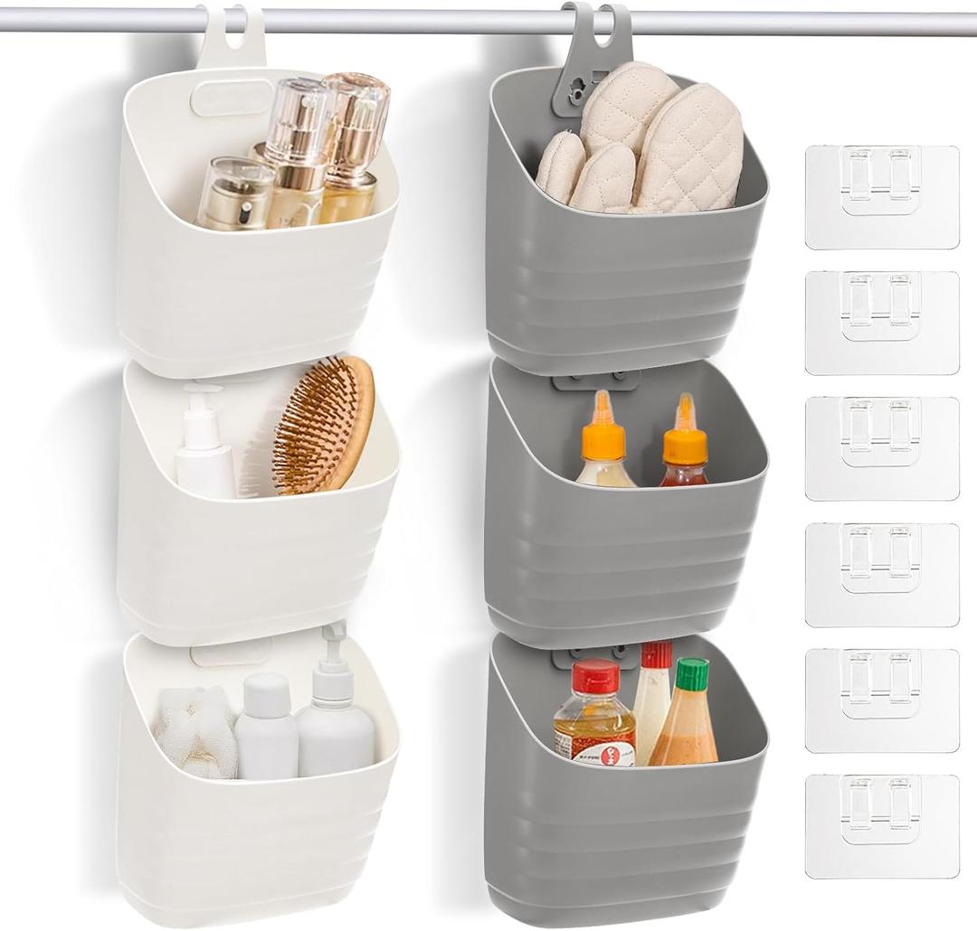 6 Pack Plastic Hanging Basket for Kitchen, Over Cabinet Door Organizer with Removable Hook, Stackable Wall Mounted Storage Shower Caddy, No Drilling Shelf Bins for Food Bathroom Pantry Closet (Grey, White)