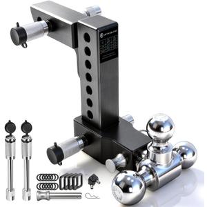 Adjustable Trailer Hitch Fit 2 Inch Receiver, Tri-Ball (1-7/8", 2", 2-5/16") Heavy Duty Aluminum Tow Hitches with 8 Inch Rise/Drop for Truck (12500 LBS GTW)-Weatherproof & Anti-Theft