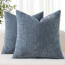 decorUhome Chenille Haze Blue Throw Pillow Covers 18x18 Inch Set of 2, Decorative Soft Couch Pillow Covers Solid Dyed Accent Velvet Farmhouse Neutral Square Pillow Cases for Sofa Bed Living Room