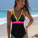 popvil Women's One Piece 2025 Tummy Control Swimsuits Neon Color Block Swimwear Deep V Neck Slimming Bathing Suit (Black, XL)