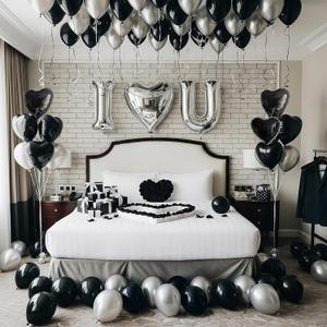 I Love You for Him/Her Balloon Black Silver Balloon with Heart Shaped Balloons Black Artificial Rose Petals Romantic Decoration Kit Perfect for Anniversaries Proposals Valentine's Day