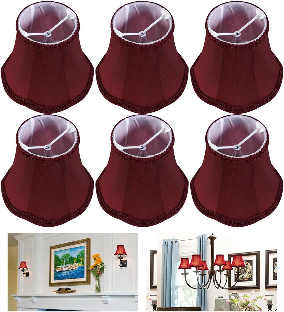 GO&SO Burgundy Silk Chandelier Shades Set of 6 with Dark Petal Braid Clip-On Lampshades (3.15"x5.5"x4.72"H), Handwoven Mini Chandelier Shades for Table/Wall/Ceiling Lights, Victorian Sconce Shades