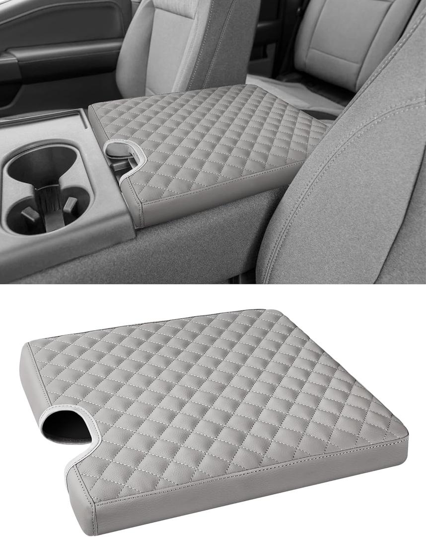 Center Console Armrest Cover for 2015-2025 Ford F150 F250 F350 F450 F550 with 40/20/40 Jump Seat, PU Leather Middle Console Cover Seat Box Lid Protective Cover Cushion Pad, Truck Accessories (Grey Edge)