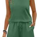 WIHOLL Two Piece Sets for Women Summer Lounge Short Sets Tank Square Neck Sleeveless Sweatsuit with Pocket, Small