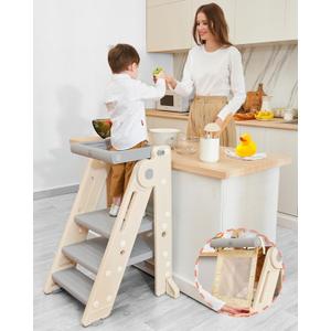 Forbena Foldable Toddler Tower Kitchen Learning Stool Helper, Montessori Kids Standing Tower for Counter, Collapsible Adjustable Baby Child Step Stool with Safety Net for Bathroom Sink (Grey) (Gray)