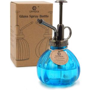 OFFIDIX Glass Watering Spray Bottle, 6.3" Tall Vintage Style with Bronze Plastic Top Pump One Hand Watering Can Spray Bottle (Light Blue)