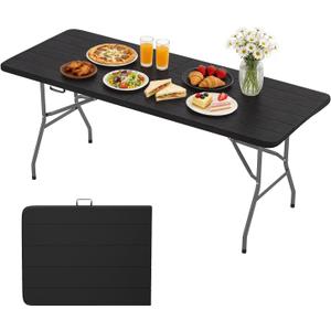 BestOffice | 6FT Folding Table | Black Wood Grain | Portable Plastic Table, 6 FT 70"x28"