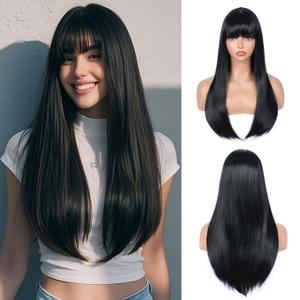 Black Wig with Bangs for Women  Long Straight Heat Resistant Synthetic Wig for Daily Use, Party, Halloween, Cosplay  24 Inch Black Wig for Girls