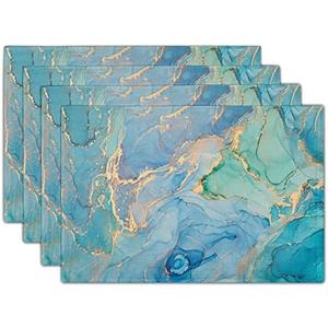 Teal Placemats Set of 4 Washable Non-Slip Heat Resistant 12×18 Inch Turquoise Blue Thick Place Mats Decorative Linen Fabric Peacock Table Mat for Dining Table Kitchen Home Decor