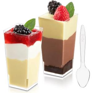 Zezzxu 3 oz Mini Dessert Cups with Spoons, 50 Pack Plastic Square Shooter Cups for Serving Party Desserts Cheesecake Parfait Mousse Pudding Appetizers