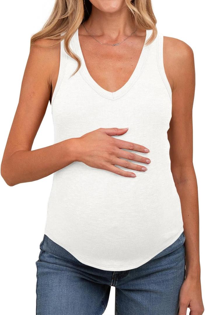 Tankaneo Womens Maternity Tank Tops Sleeveless V Neck Ribbed Knit Shirts | Summer Casual, Curved Hem Pregnancy Clothes, Fitted (White, L)