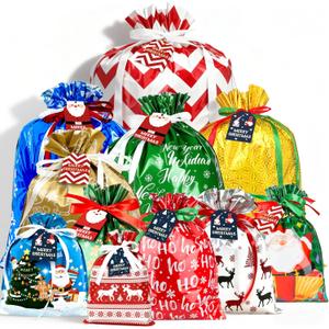 HADAYAKI 38PCS Christmas Drawstring Gift Bags with JUMBO Size and Assorted Sizes for Holiday Gift Wrapping