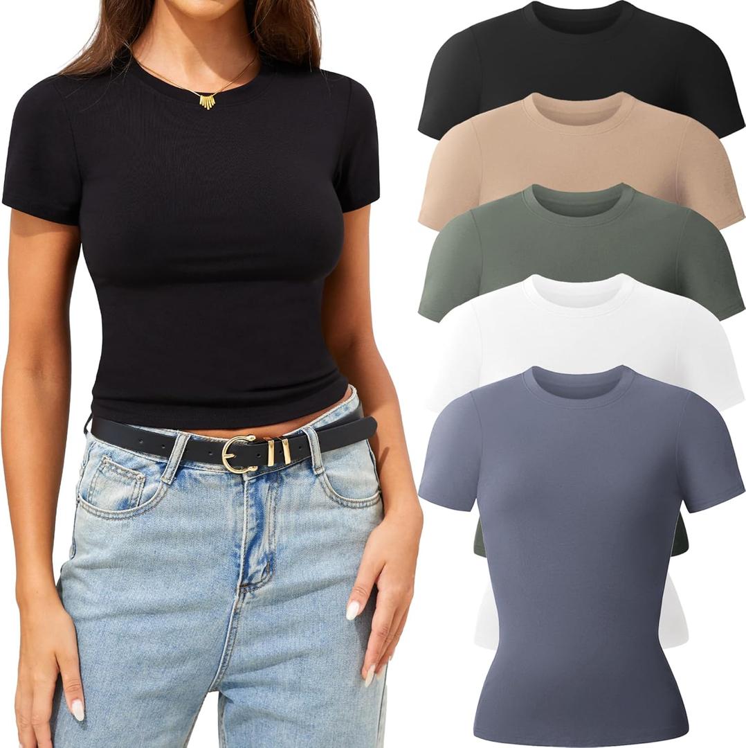 CE' CERDR 3/5 Pack Womens T Shirts Crew Neck Short Sleeve Shirts for Women Casual Basic Tees Fitted Stretchy Layering Tops (Small, 5 Pack Black, White, Nude, Olive Green, Dark Blue)
