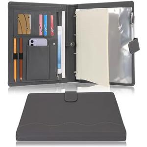 Wonderpool A4 PU Leather 3 & 4 Ring Holder Writing Portfolio Multi Document Case with Removable Binder Clipboard and Functional Pocket for Organizer Office Travel School (Grey)