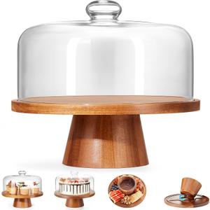 VIVIRBIEN Wooden Cake Stand with Lid, Acacia Cake Stand with Glass Dome, 11-Inch Versatile Dessert Stand with Strong Magnetic Pedestal, Cake Holder for Birthday/Kitchen/Party/Charcuterie