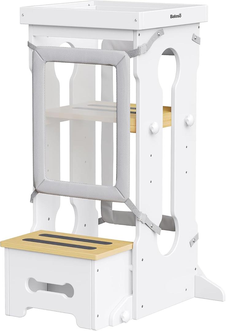 Toddler Tower for Kids 1-3, Adjustable Wooden Toddler Standing Tower with Detachable Nets & Support Feet, Kitchen Step Stool with Anti-Slip Mats for Nursery