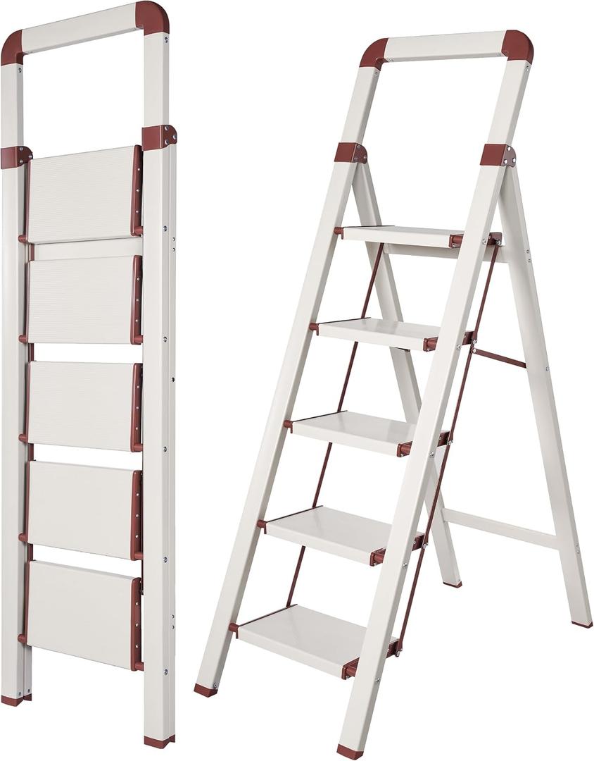 Step Ladder 5-Step White Finish Aluminum Iron Folding Ladders, 17.5"W x 58"H