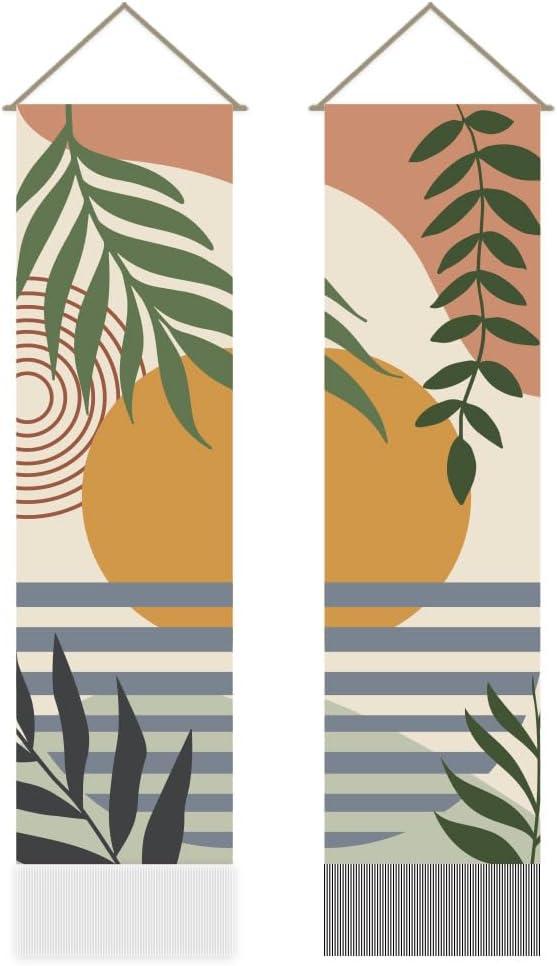 AHANDMAKER Pack of 2 Sunset Landscape Tapestry, Boho Leaves Modern Plant Vertical Long Aesthetic Tapestry, Doorway Curtain Tassel Wall Hanging for Bedroom Living Room, 13 x 51 Inch