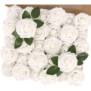 MACTING Artificial Flower Roses 30PCS Fake Flowers with Stem Real Touch Foam Roses DIY Bouquet Arrangements Table Centerpieces Party Bridal Shower Summer Wedding Decor, White