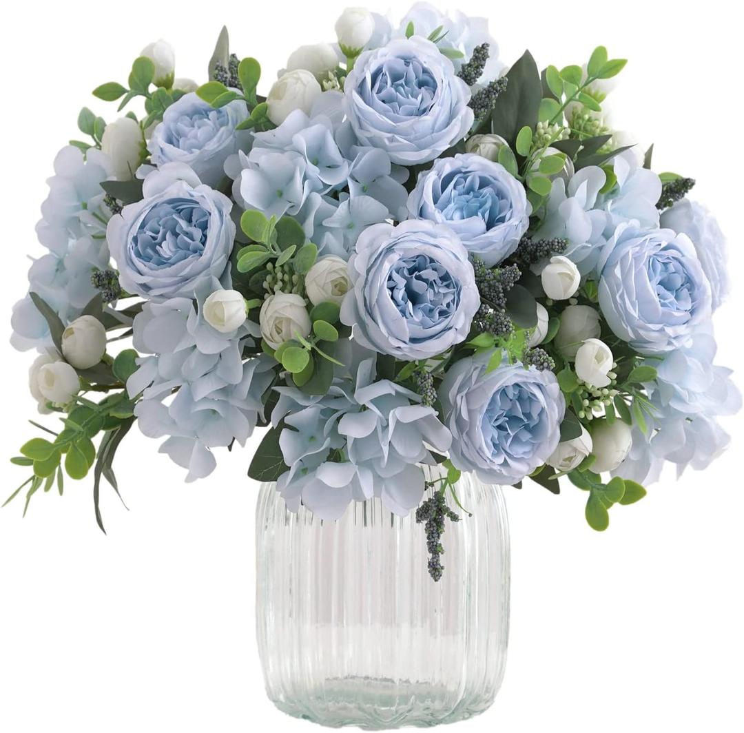 Karoro 4 Bunches Artificial Flowers for Decoration Blue Peonies Fake Roses Arrangements Table Centerpiece Faux Flores for Wedding Home Vase Decor