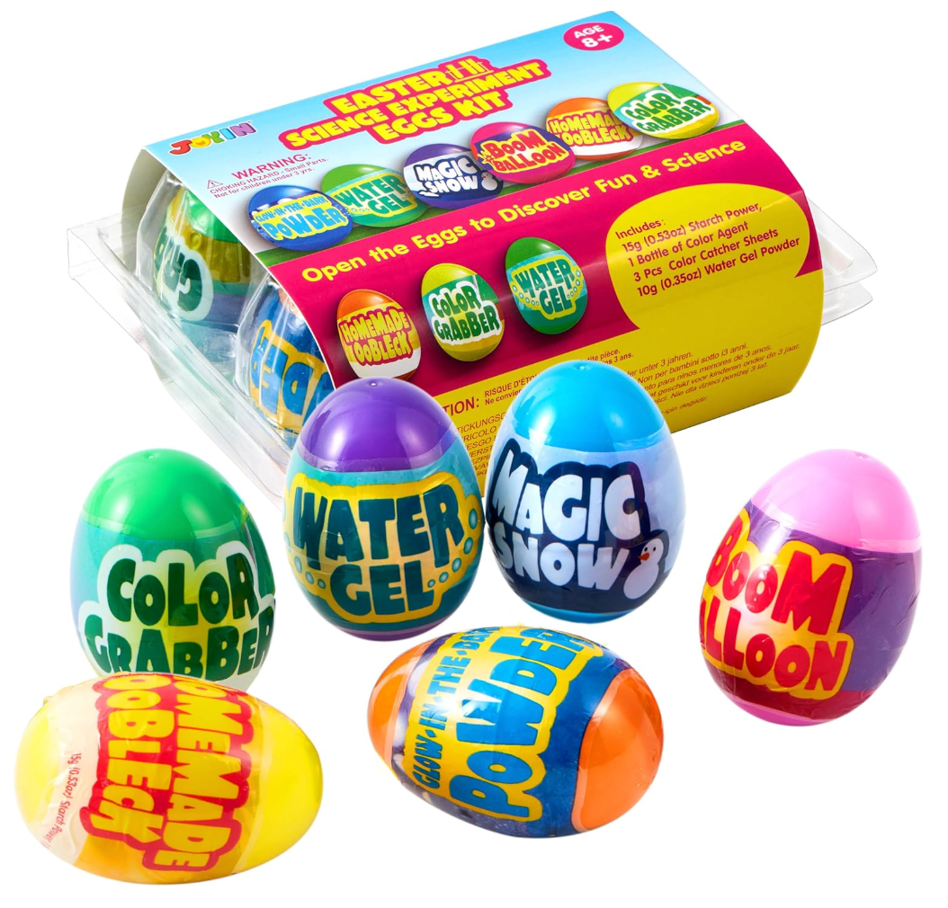 JOYIN 6pcs Prefilled Easter Eggs with Toys, Plastic Eggs with Science Experiment, Basket Stuffers for Boys & Girls, Easter Theme Party Favors