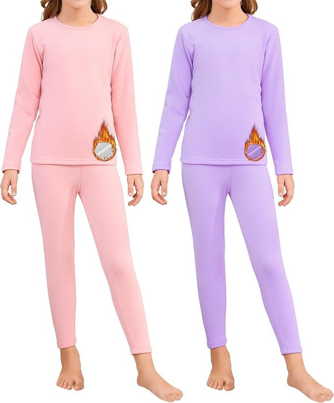 2 Set Girls Thermal Underwear Sets Kids Double-Sided Fleece Lined Long Johns Base Layer Top and Bottom for Cold Weather, M