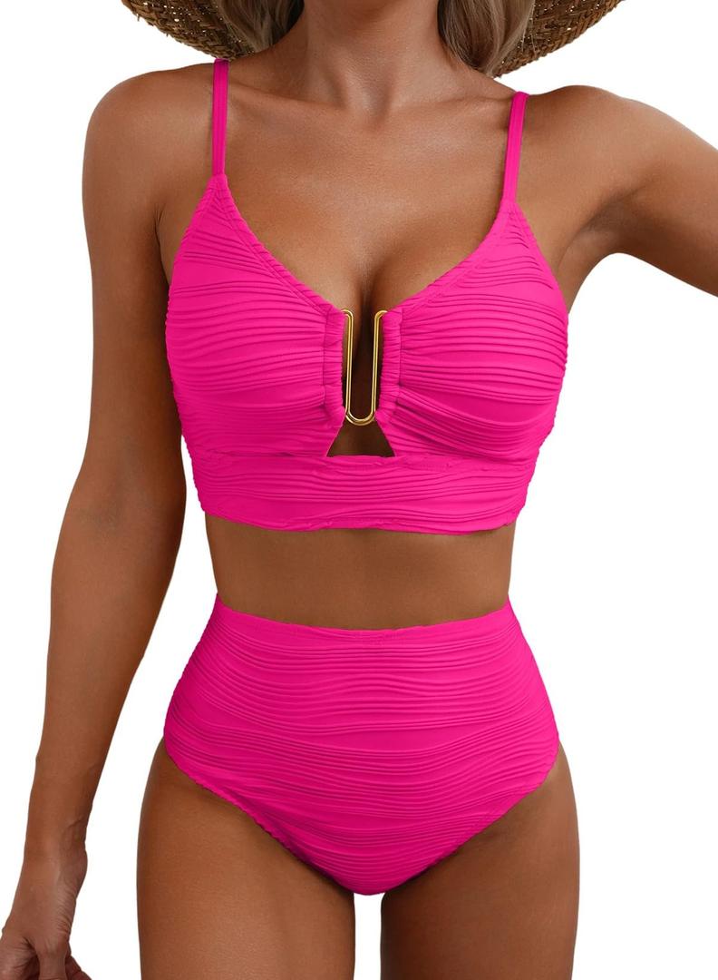 Herseas 2 Piece Bikini Set U-Wire Cutout Popular Swimsuit High Waisted Textured 2026 Summer Beach Swim Bathing Suits, L