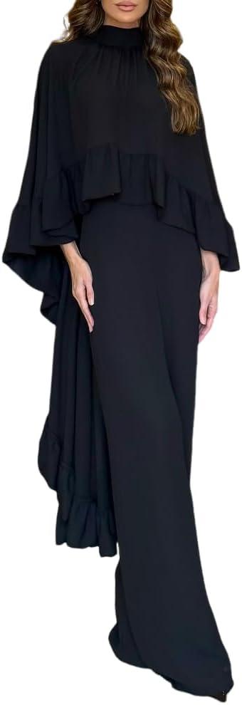 CHICME 2 Pieces Outfits for Women High-Low Ruffles Hem Cape Top and Casual Wide Leg Pants Travel Matching Sets (Small, Black)