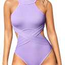 OQQ Women's One Piece Swimsuits Tummy Control High Waisted Cross Bathing Suit Wrap Tie Back 1 Piece Swimwear Lavender L