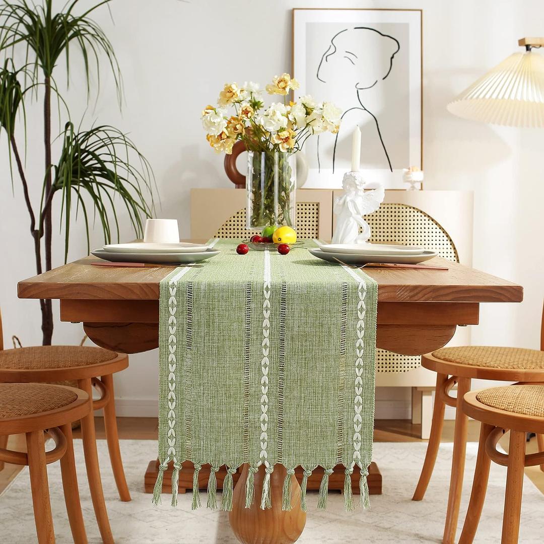 Rustic Farmhouse Style Linen Table Runner, Boho Handmade Tassel Embroidered Table Runners 60 Inches Long for Holiday Party, Christmas and Dining Decorations, 13 inchW X 60 inchL - Sage Green