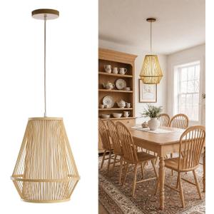 12" Boho Pendant Light, Bamboo Basket Hanging Lamp, Large
